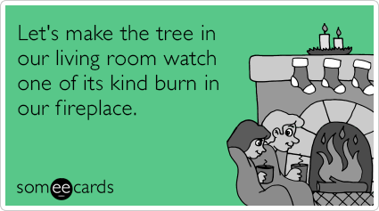 Let's make the tree in our living room watch one of its kind burn in our fireplace.