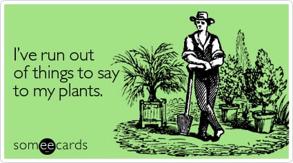 some-ecards: cartoon drawing of a farmer man with a hat leaning on a shovel with plants in the background. text: I've run out of things to say to my plants.