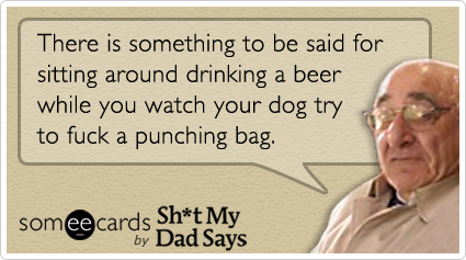 There is something to be said for sitting around drinking a beer while you watch your dog try to fuck a punching bag.