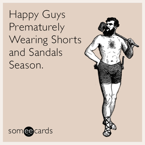 Happy Guys Prematurely Wearing Shorts and Sandals Season.