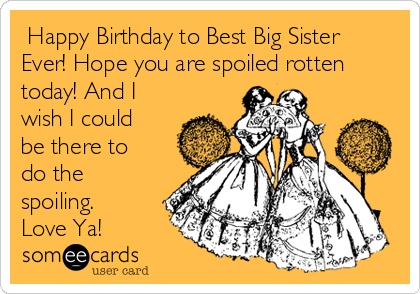  Happy Birthday to Best Big Sister
Ever! Hope you are spoiled rotten
today! And I
wish I could
be there to
do the
spoiling.
Love Ya!