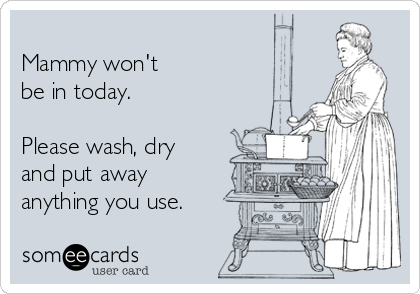 
Mammy won't 
be in today.

Please wash, dry
and put away
anything you use.