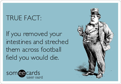 
TRUE FACT:   
  
If you removed your
intestines and streched
them across football
field you would die. 