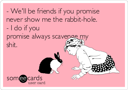 - We'll be friends if you promise
never show me the rabbit-hole.
- I do if you
promise always scavenge my
shit.