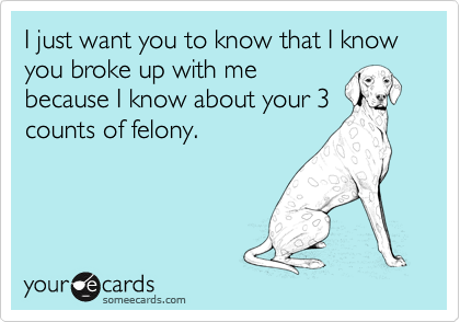I just want you to know that I know you broke up with me
because I know about your 3
counts of felony.