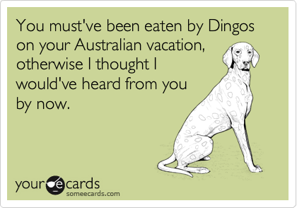 You must've been eaten by Dingos on your Australian vacation,otherwise I thought Iwould've heard from youby now.