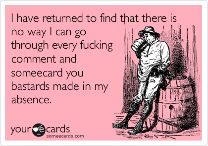 I have returned to find that there is no way I can gothrough every fuckingcomment andsomeecard youbastards made in myabsence.