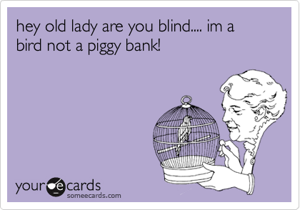 hey old lady are you blind.... im a bird not a piggy bank!