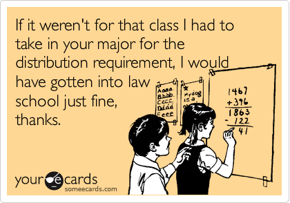 If it weren't for that class I had to take in your major for the distribution requirement, I would have gotten into law
school just fine,
thanks.