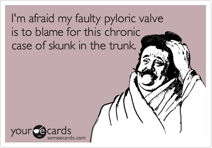 I'm afraid my faulty pyloric valve 
is to blame for this chronic
case of skunk in the trunk.
