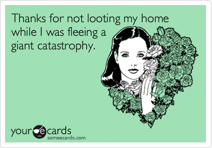 Thanks for not looting my home while I was fleeing a
giant catastrophy.