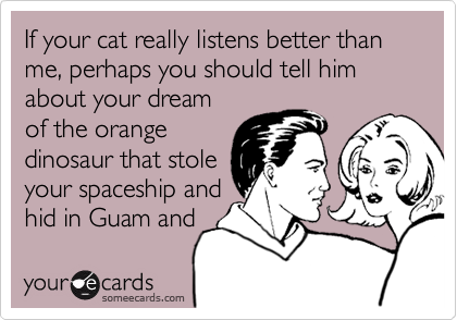 If your cat really listens better than me, perhaps you should tell him about your dream
of the orange
dinosaur that stole
your spaceship and
hid in Guam and