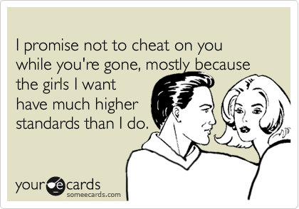 
I promise not to cheat on you while you're gone, mostly because the girls I want
have much higher
standards than I do.