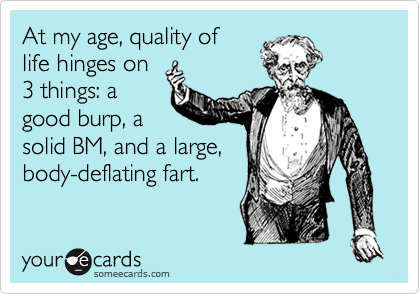 At my age, quality of
life hinges on
3 things: a
good burp, a
solid BM, and a large,
body-deflating fart.