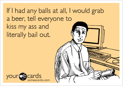 If I had any balls at all, I would grab a beer, tell everyone to
kiss my ass and
literally bail out.