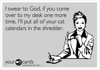 I swear to God, if you come
over to my desk one more
time, I'll put all of your cat
calendars in the shredder.