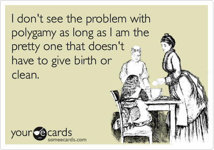 I don't see the problem with polygamy as long as I am the
pretty one that doesn't 
have to give birth or
clean. 