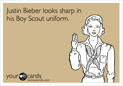 Justin Bieber looks sharp in
his Boy Scout uniform.