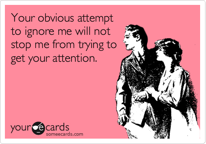 Your obvious attempt
to ignore me will not
stop me from trying to
get your attention. 
