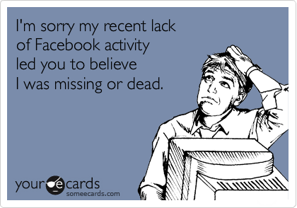 I'm sorry my recent lack
of Facebook activity
led you to believe
I was missing or dead.