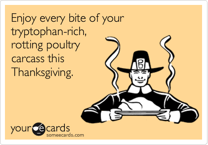 Enjoy every bite of your     tryptophan-rich,
rotting poultry
carcass this            
Thanksgiving.

 