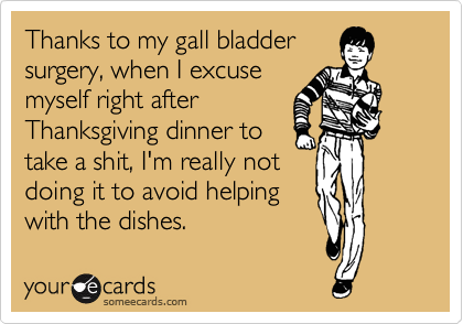 Thanks to my gall bladder
surgery, when I excuse
myself right after
Thanksgiving dinner to
take a shit, I'm really not
doing it to avoid helping
with the dishes.