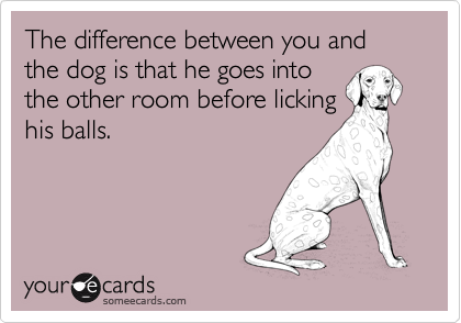 The difference between you and the dog is that he goes into
the other room before licking
his balls.