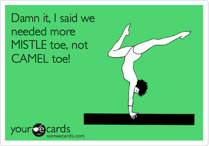 Damn it, I said we
needed more
MISTLE toe, not
CAMEL toe!