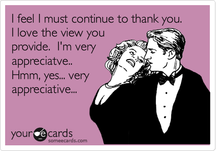 I feel I must continue to thank you.  I love the view you
provide.  I'm very
appreciatve..
Hmm, yes... very
appreciative...