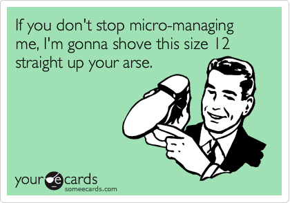 If you don't stop micro-managing me, I'm gonna shove this size 12 straight up your arse.  