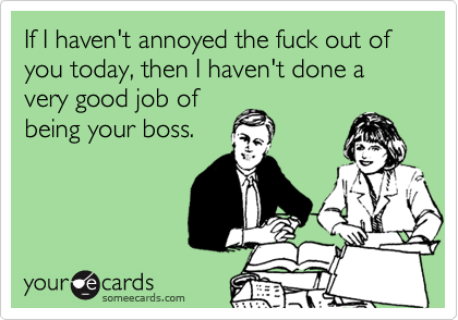If I haven't annoyed the fuck out of 
you today, then I haven't done a very good job of
being your boss.