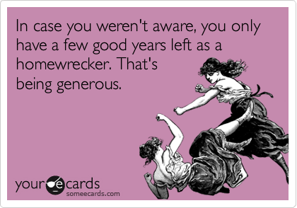 In case you weren't aware, you only have a few good years left as a homewrecker. That's
being generous.