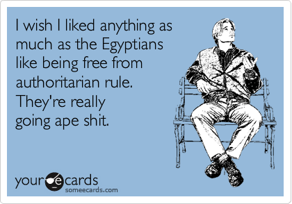 I wish I liked anything as 
much as the Egyptians 
like being free from 
authoritarian rule. 
They're really 
going ape shit.