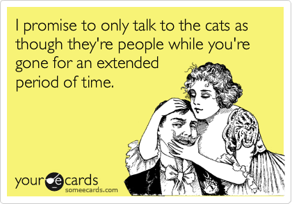 I promise to only talk to the cats as though they're people while you're gone for an extended
period of time.