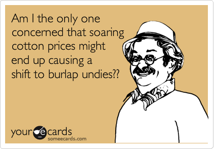 Am I the only one
concerned that soaring
cotton prices might 
end up causing a
shift to burlap undies??
 
