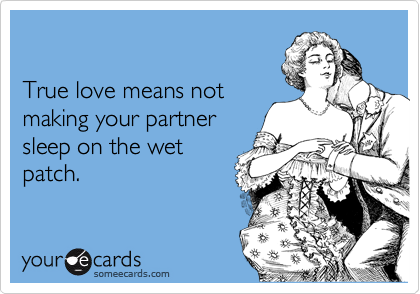 

True love means not
making your partner
sleep on the wet
patch.