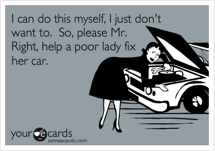 I can do this myself, I just don't want to.  So, please Mr.
Right, help a poor lady fix
her car.