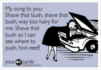 My song to you:
Shave that bush, shave that
bush, way too hairy for
me. Shave that
bush so I can
see where to
push, hon-eee!!