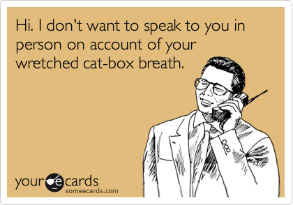 Hi. I don't want to speak to you in person on account of your wretched cat-box breath.
