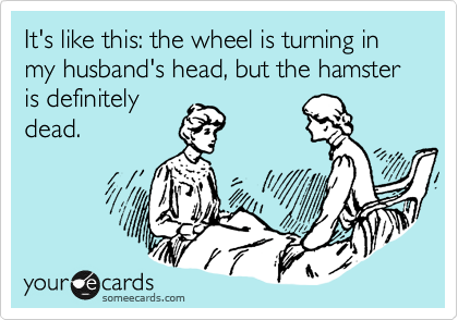 It's like this: the wheel is turning in my husband's head, but the hamster is definitely
dead.