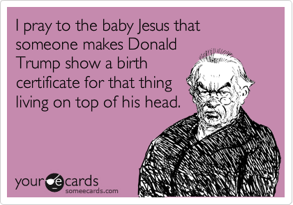 I pray to the baby Jesus that someone makes Donald
Trump show a birth
certificate for that thing 
living on top of his head.