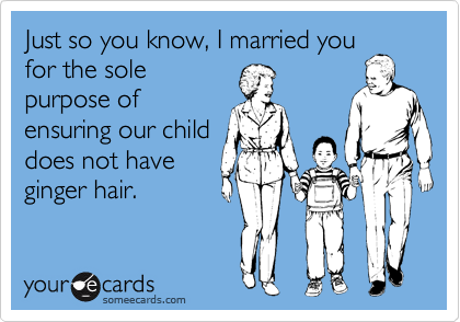 Just so you know, I married you 
for the sole
purpose of
ensuring our child
does not have
ginger hair. 