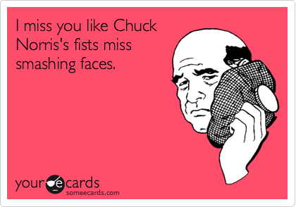 I miss you like Chuck
Norris's fists miss
smashing faces.