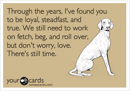 Through the years, I've found you to be loyal, steadfast, and
true. We still need to work
on fetch, beg, and roll over,
but don't worry, love.
There's still time.