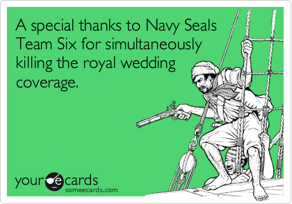 A special thanks to Navy Seals Team Six for simultaneously
killing the royal wedding
coverage.