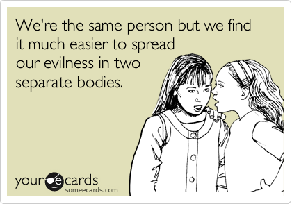 We're the same person but we find it much easier to spread
our evilness in two
separate bodies.