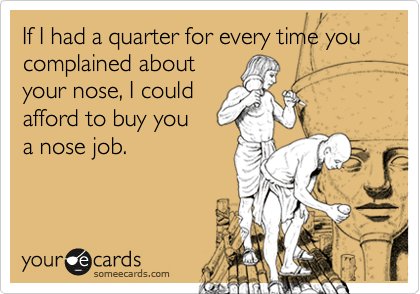 If I had a quarter for every time you complained about
your nose, I could
afford to buy you
a nose job.