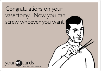 Congratulations on your vasectomy.  Now you can
screw whoever you want.