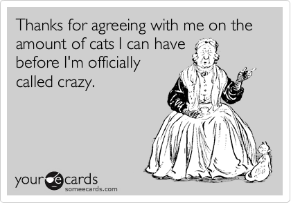 Thanks for agreeing with me on the amount of cats I can have
before I'm officially
called crazy. 