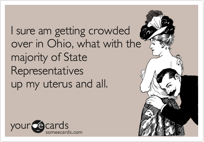 
I sure am getting crowded
over in Ohio, what with the
majority of State
Representatives
up my uterus and all.